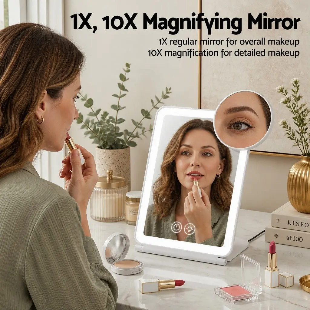 Makeup Mirror Plastic 19cm x 13cm White with Lights and 10x Magnifier Rechargeable Portable Travel Vanity