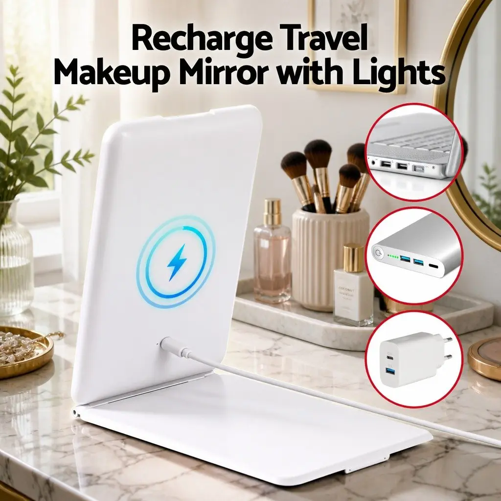 Makeup Mirror Plastic 19cm x 13cm White with Lights and 10x Magnifier Rechargeable Portable Travel Vanity