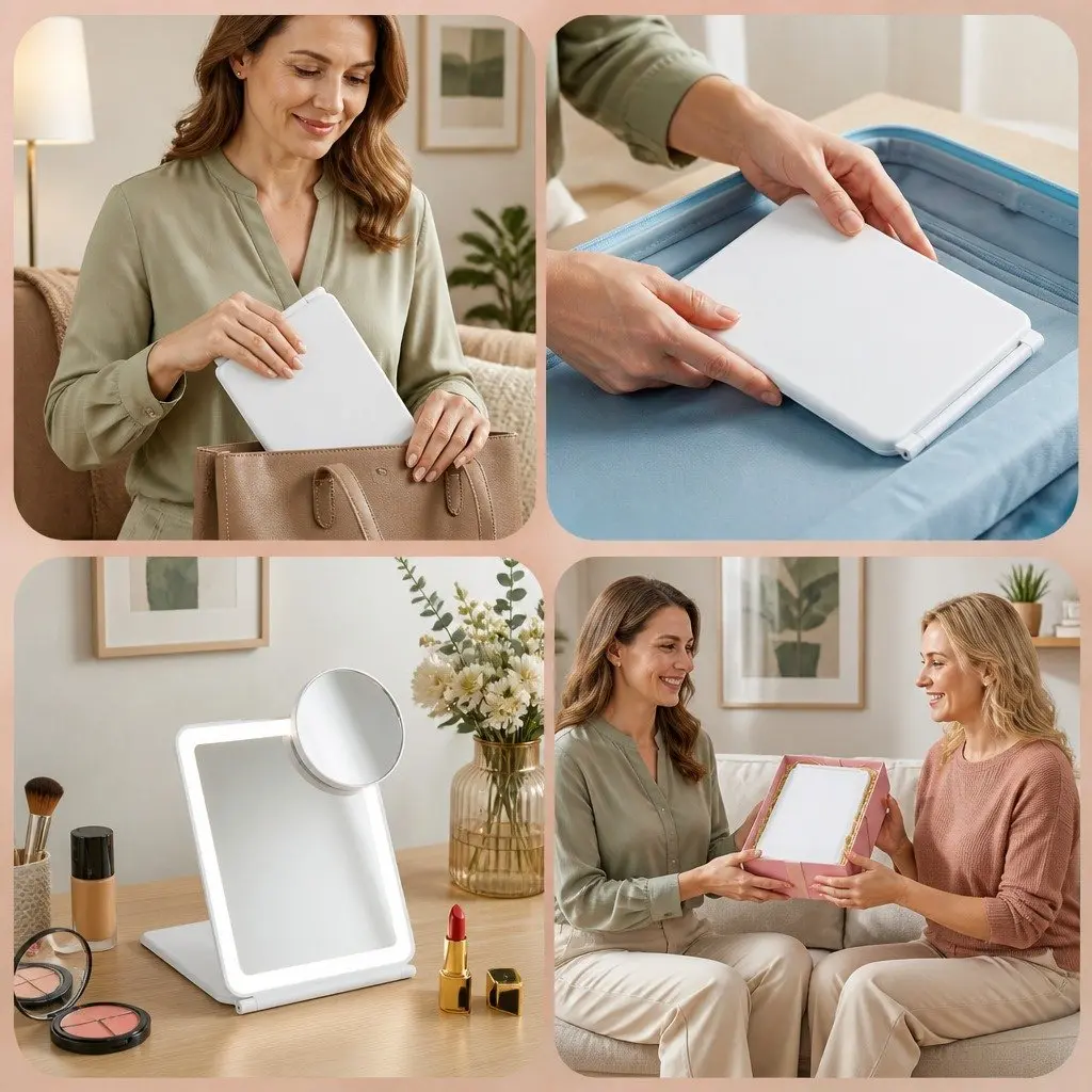 Makeup Mirror Plastic 19cm x 13cm White with Lights and 10x Magnifier Rechargeable Portable Travel Vanity