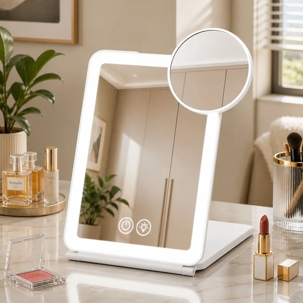 Makeup Mirror Plastic 19cm x 13cm White with Lights and 10x Magnifier Rechargeable Portable Travel Vanity