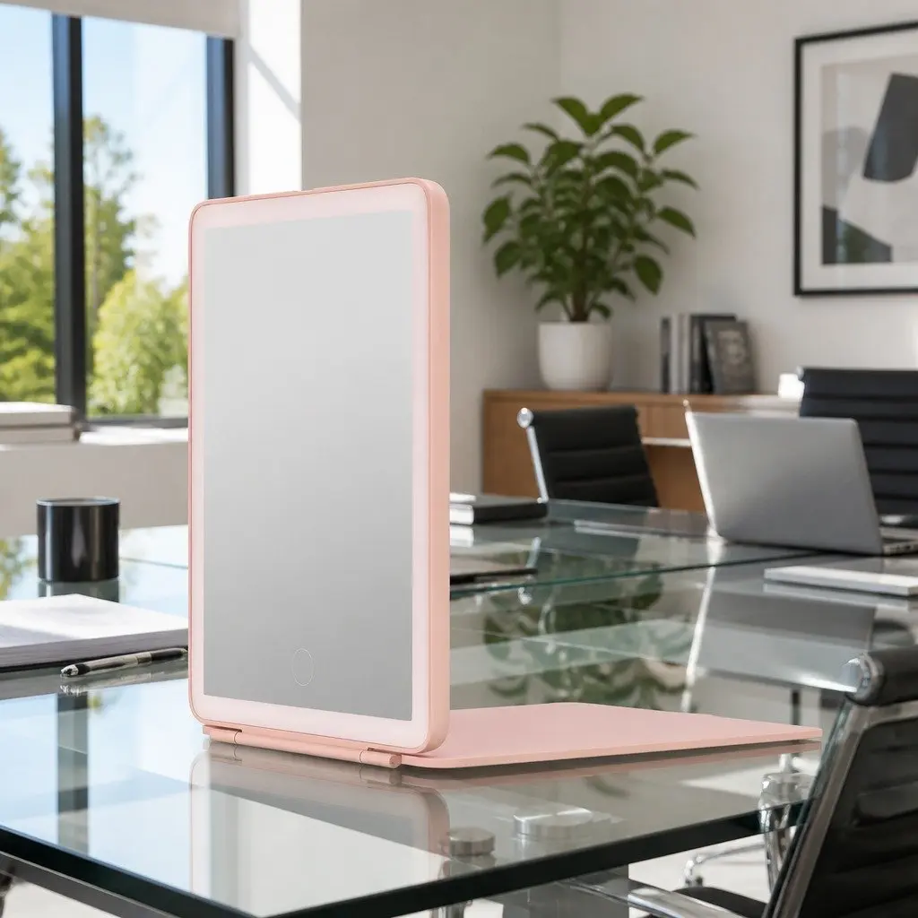 Makeup Mirror LED Compact Foldable Pink Portable 20cm x 13.5cm
