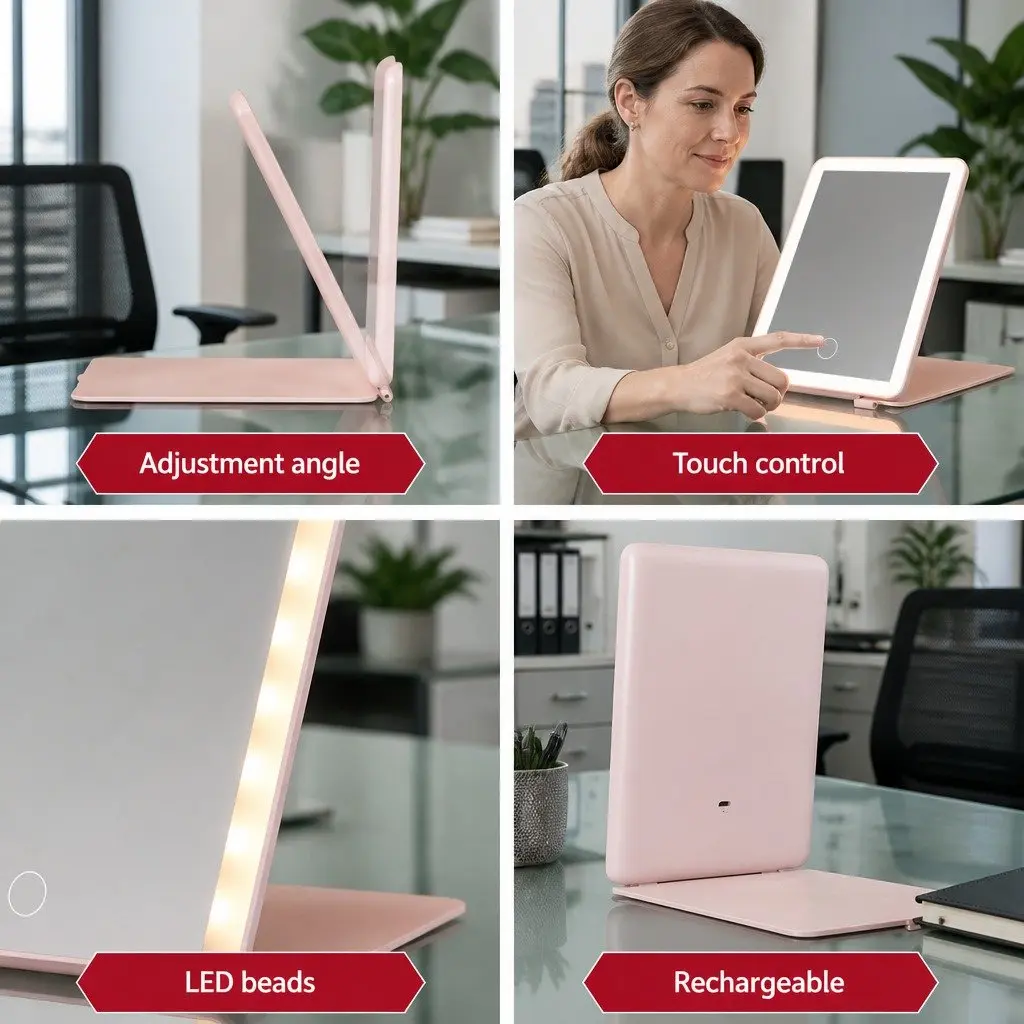 Makeup Mirror LED Compact Foldable Pink Portable 20cm x 13.5cm
