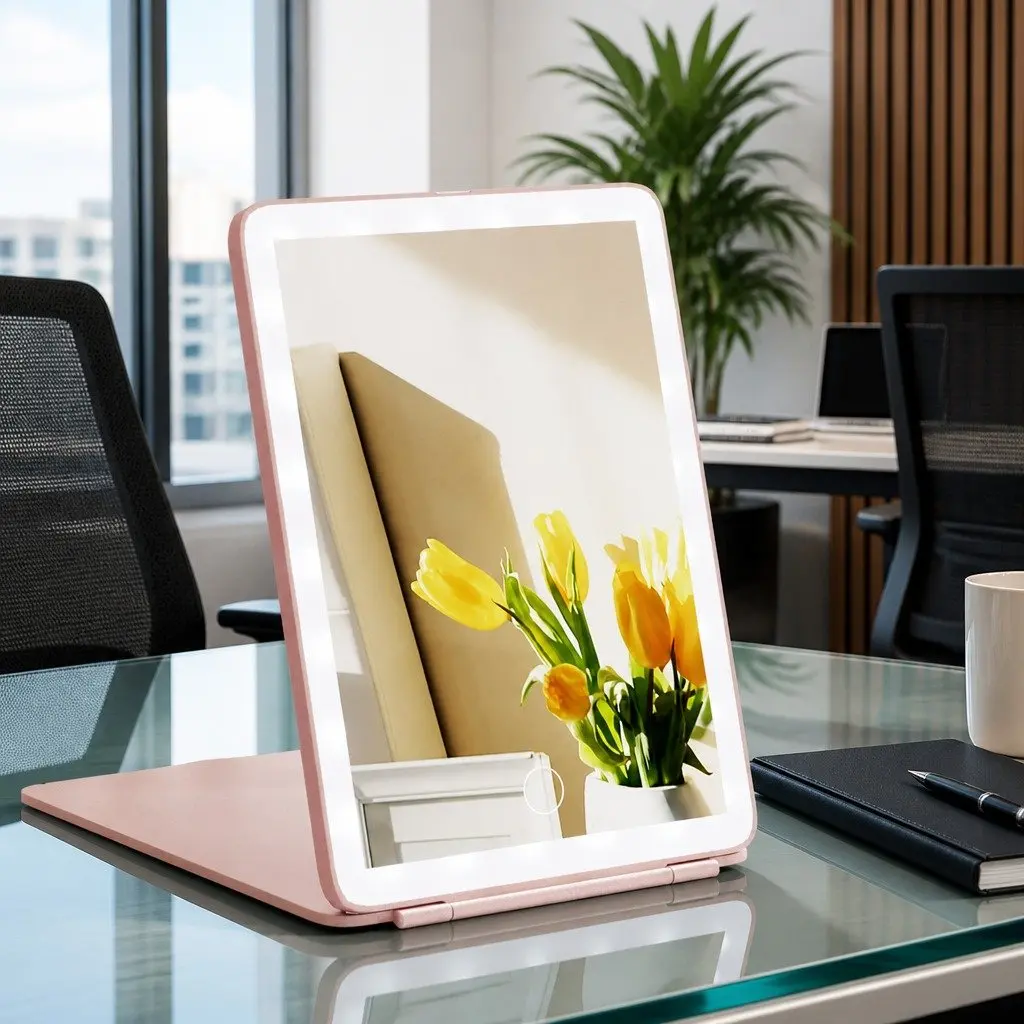 Makeup Mirror LED Compact Foldable Pink Portable 20cm x 13.5cm