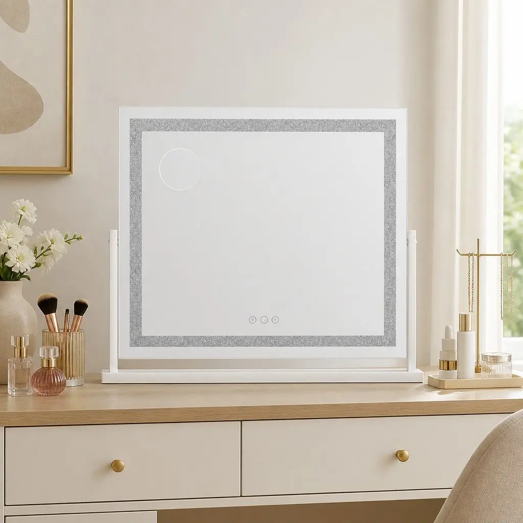 LED Makeup Mirror Crystal 60x50cm Lighted Tabletop White