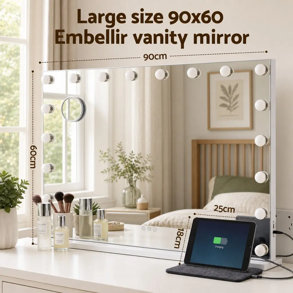 Hollywood Vanity Mirror Metal MDF 90x60cm Frameless with 18 LED Bulbs