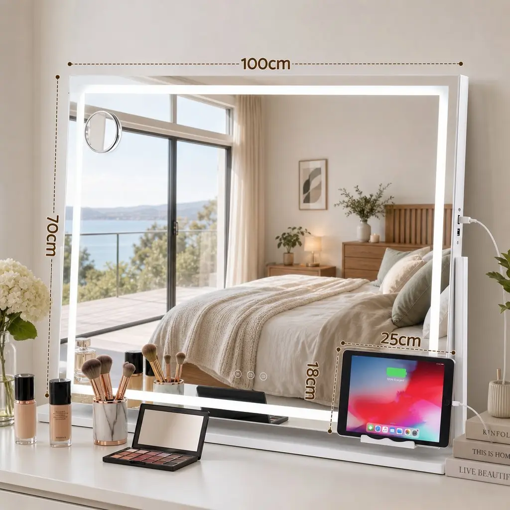 Vanity Makeup Mirror Metal MDF 100x70cm White 360 Degree Rotatable LED Lighted