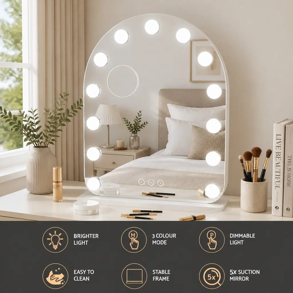 Makeup Mirror Toughened Glass 40x50cm LED White with 5x Magnification and Touch Control