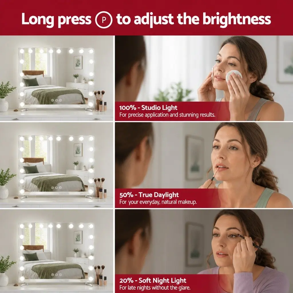 Makeup Mirror Metal 80x65cm White LED Light Touch Control 18 Bulbs