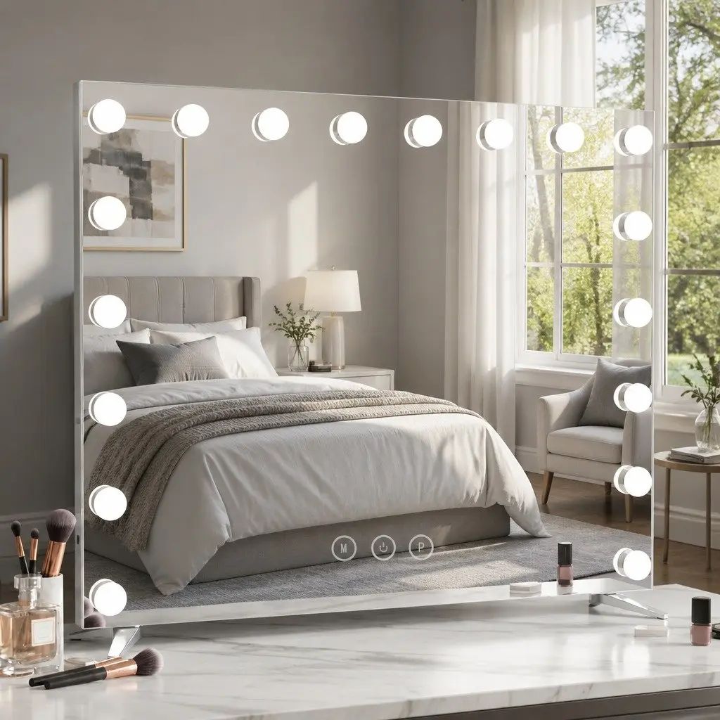 Makeup Mirror Metal 80x65cm White LED Light Touch Control 18 Bulbs
