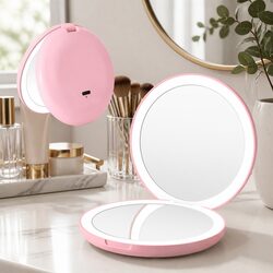 Lighted Travel Makeup Mirror with Dual Magnification in Pink