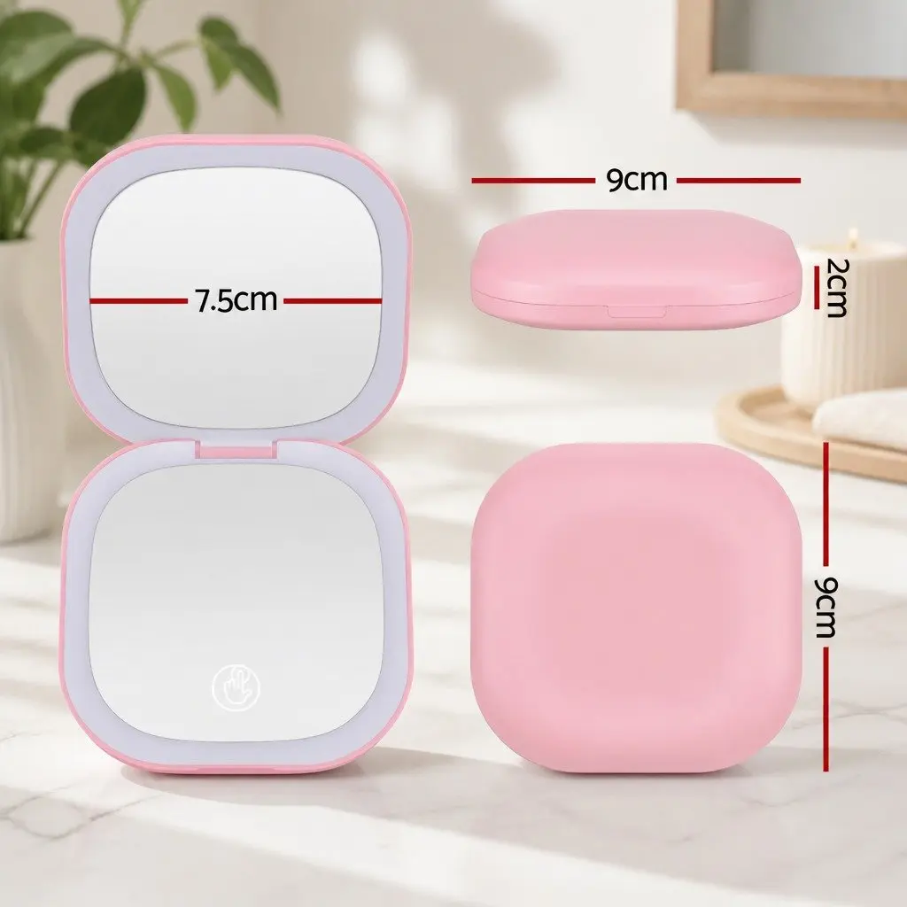 Makeup Mirror Plastic 7.5cm Square Pink Lighted Dual Magnification 1x 10x Portable Rechargeable