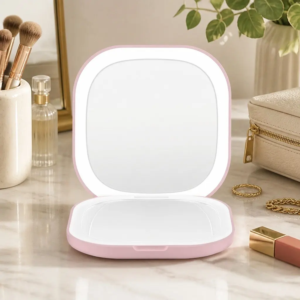 Makeup Mirror Plastic 7.5cm Square Pink Lighted Dual Magnification 1x 10x Portable Rechargeable