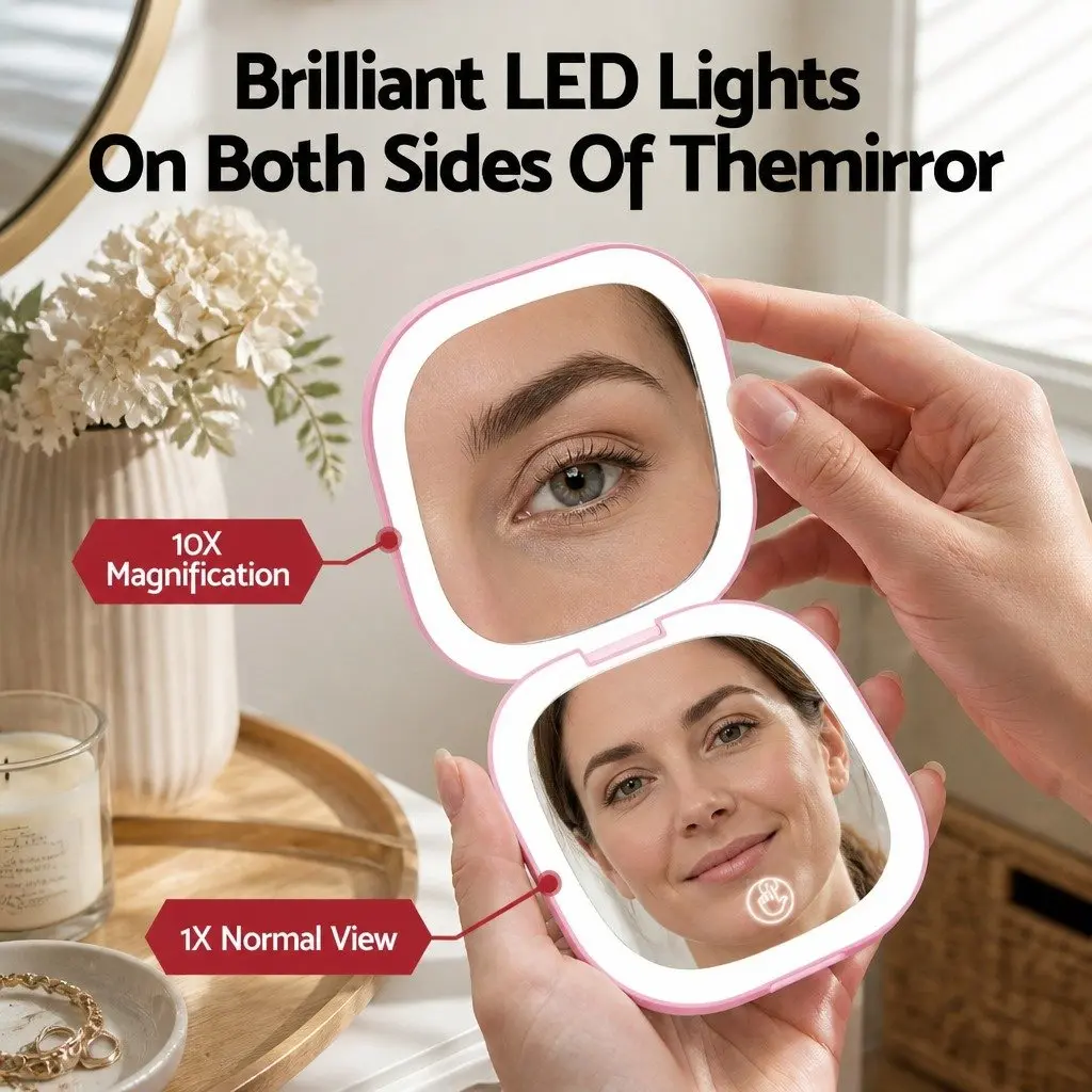 Makeup Mirror Plastic 7.5cm Square Pink Lighted Dual Magnification 1x 10x Portable Rechargeable