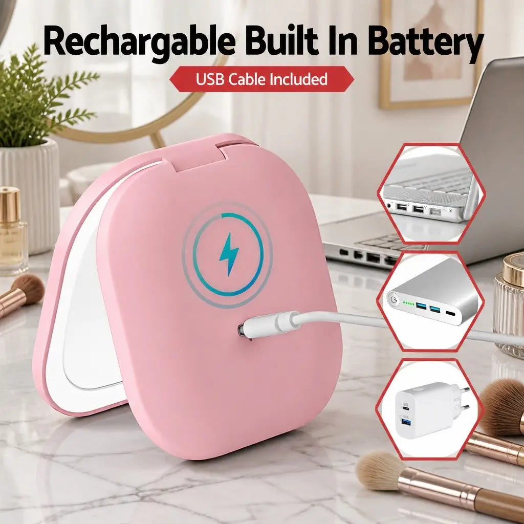 Makeup Mirror Plastic 7.5cm Square Pink Lighted Dual Magnification 1x 10x Portable Rechargeable