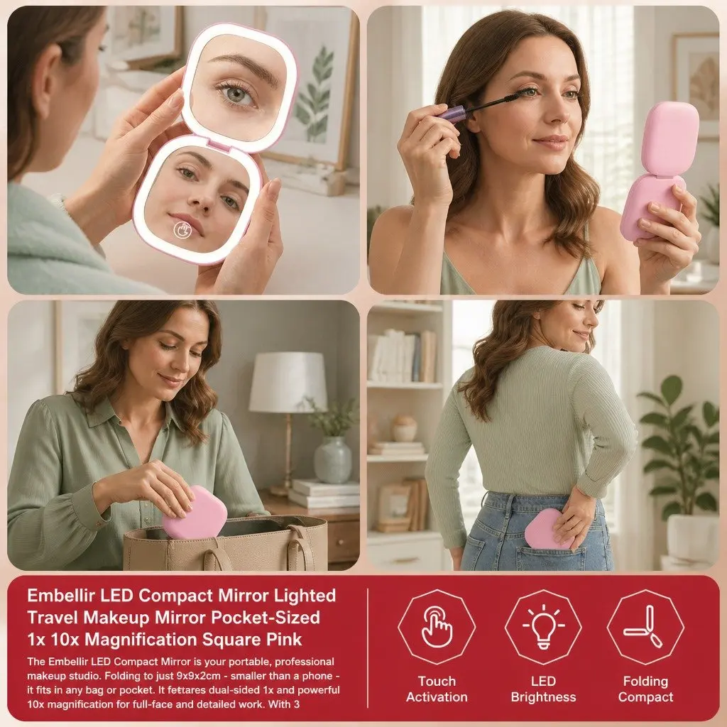 Makeup Mirror Plastic 7.5cm Square Pink Lighted Dual Magnification 1x 10x Portable Rechargeable
