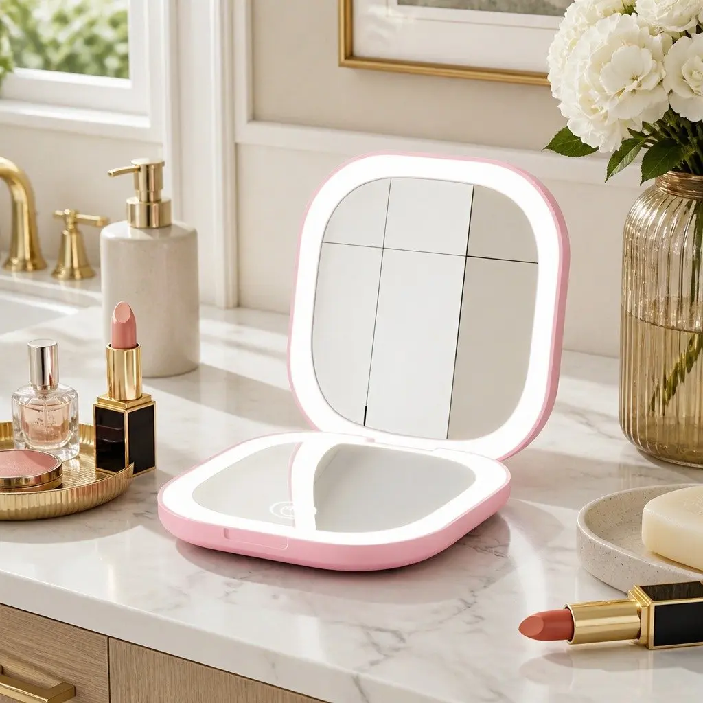 Makeup Mirror Plastic 7.5cm Square Pink Lighted Dual Magnification 1x 10x Portable Rechargeable
