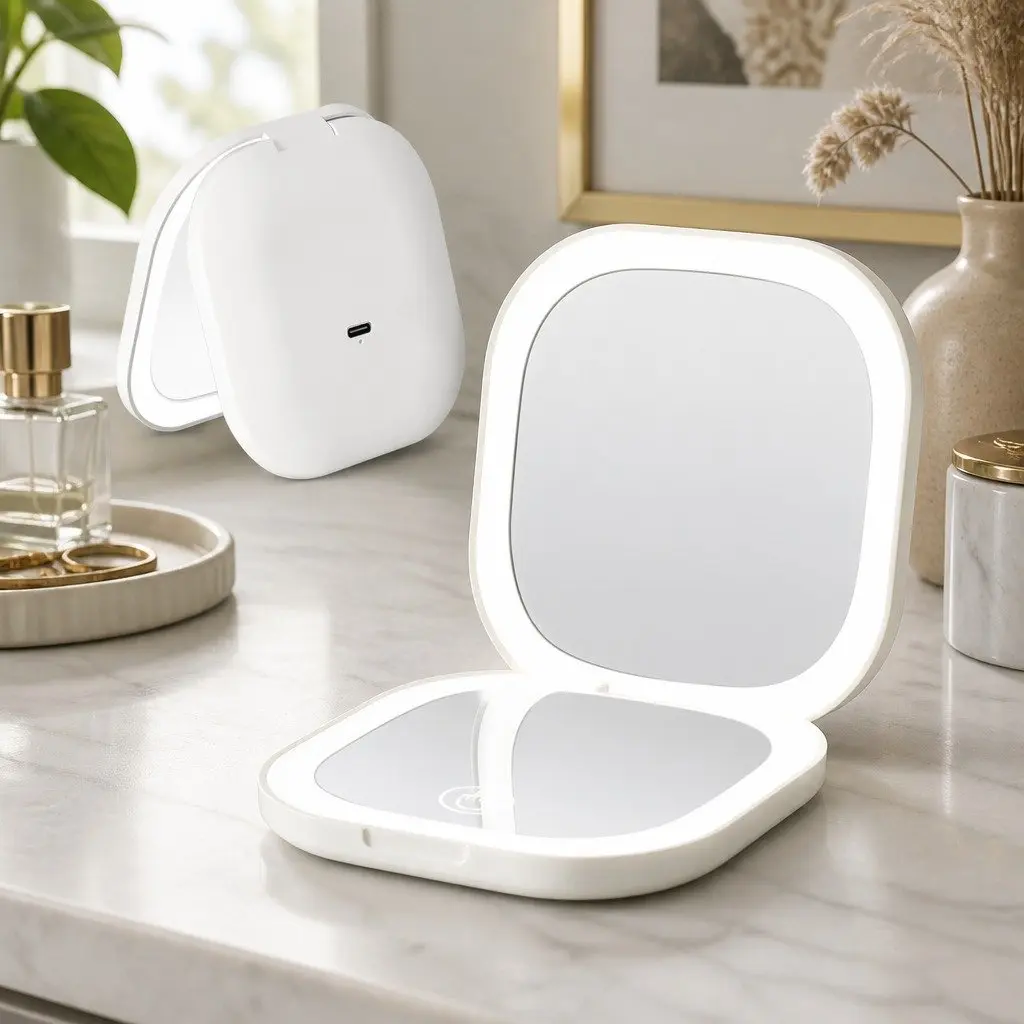 LED Compact Makeup Mirror with Dual-Sided Magnification
