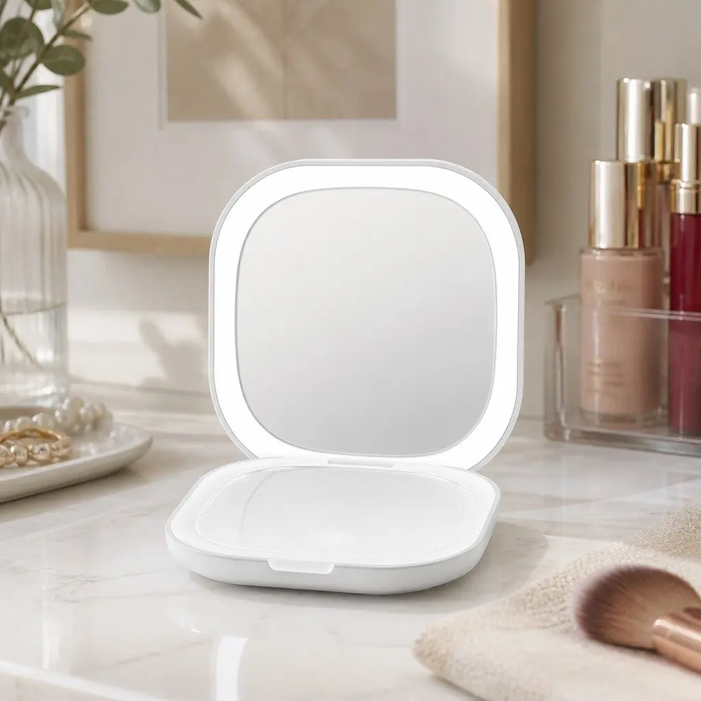 LED Compact Makeup Mirror with Dual-Sided Magnification