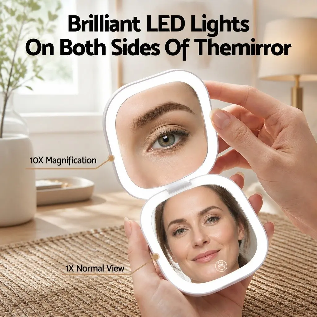 LED Compact Makeup Mirror with Dual-Sided Magnification