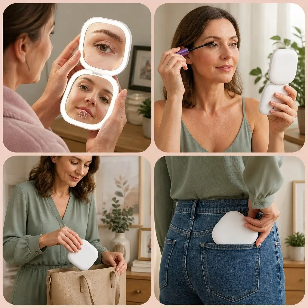 LED Compact Makeup Mirror with Dual-Sided Magnification
