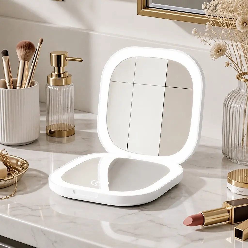 LED Compact Makeup Mirror with Dual-Sided Magnification