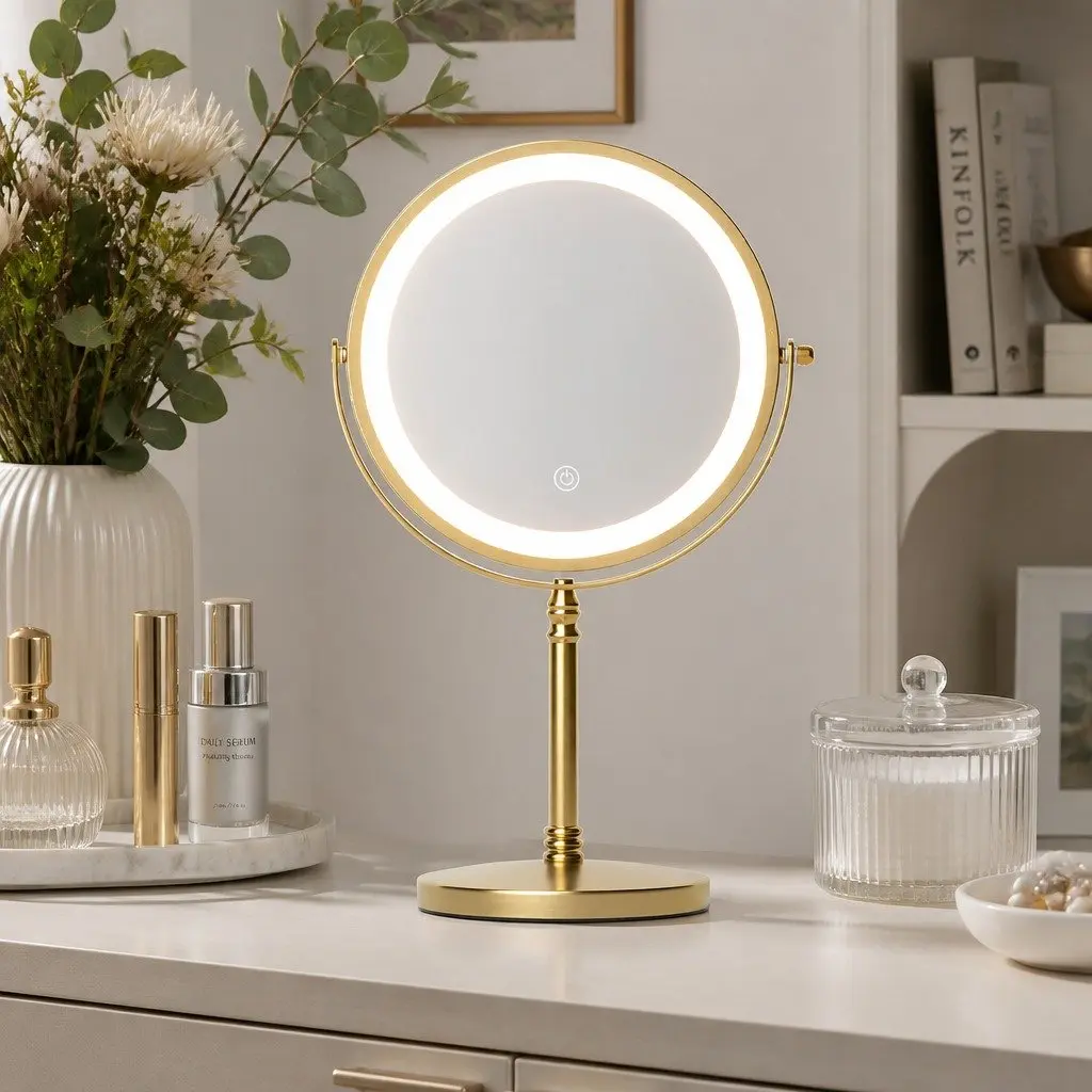 Makeup Mirror Double Sided LED 10X Magnification Gold 20cm W x 13.5cm D x 33cm H