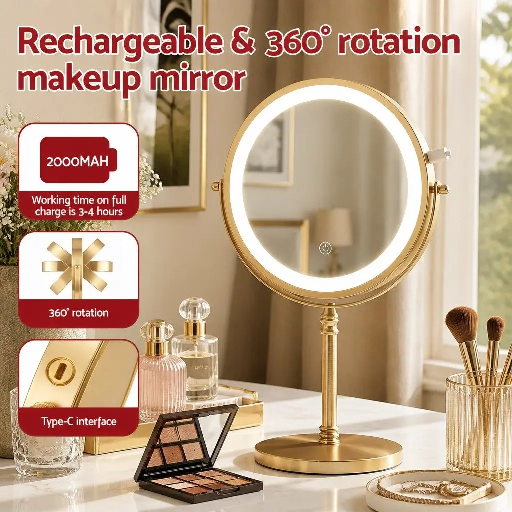 Makeup Mirror Double Sided LED 10X Magnification Gold 20cm W x 13.5cm D x 33cm H