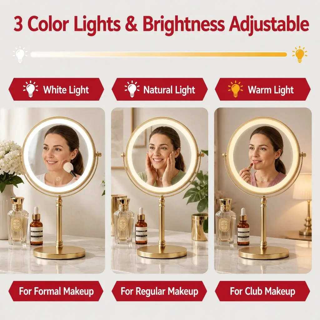 Makeup Mirror Double Sided LED 10X Magnification Gold 20cm W x 13.5cm D x 33cm H