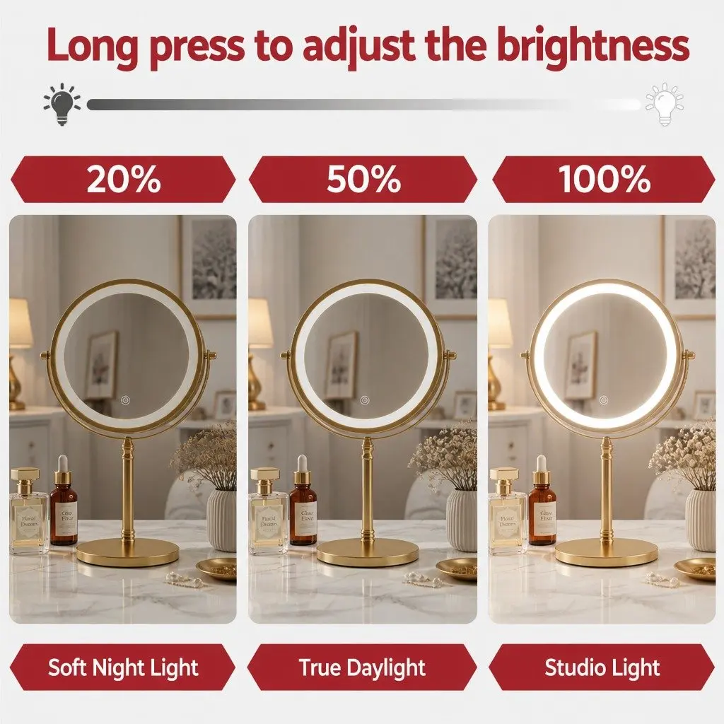 Makeup Mirror Double Sided LED 10X Magnification Gold 20cm W x 13.5cm D x 33cm H