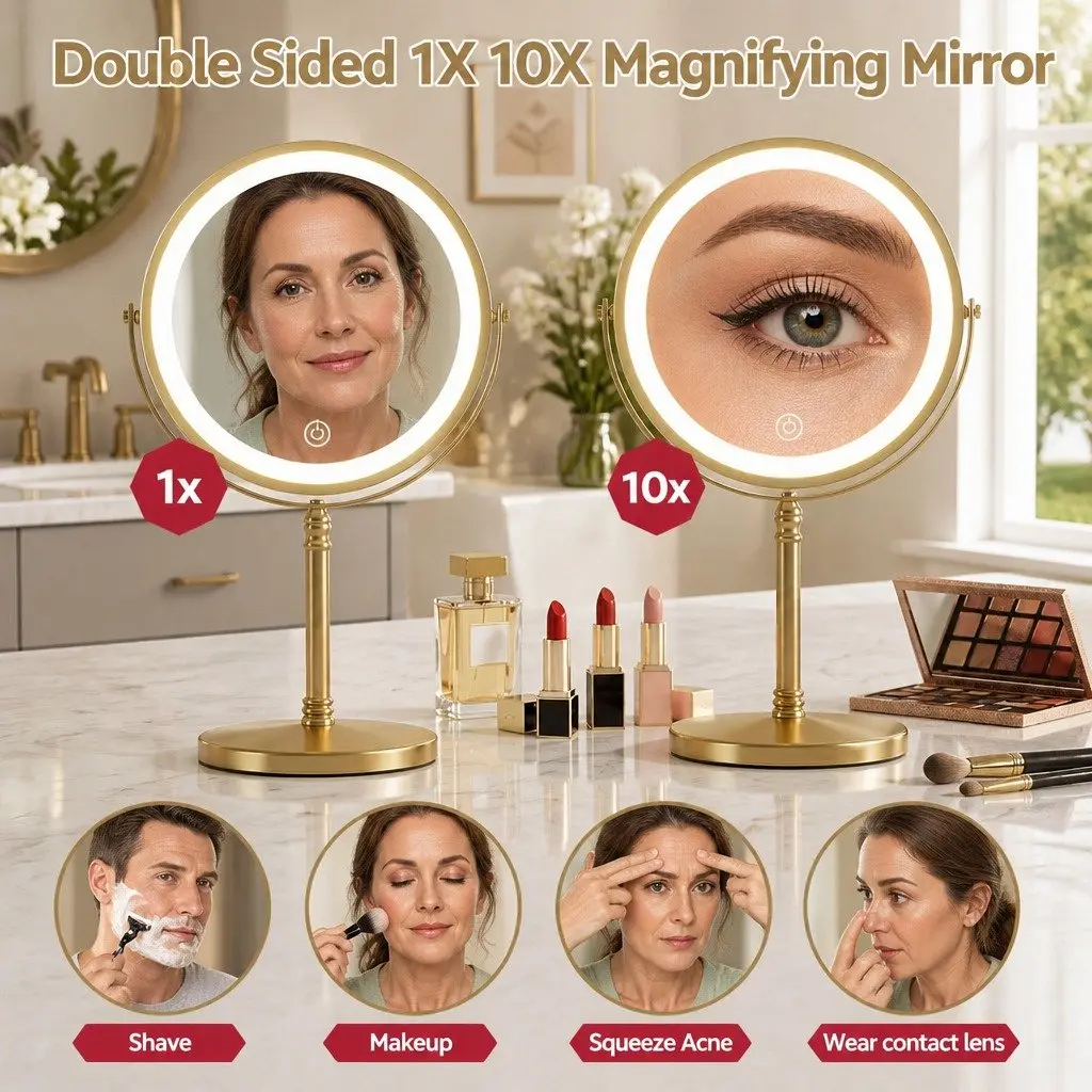 Makeup Mirror Double Sided LED 10X Magnification Gold 20cm W x 13.5cm D x 33cm H