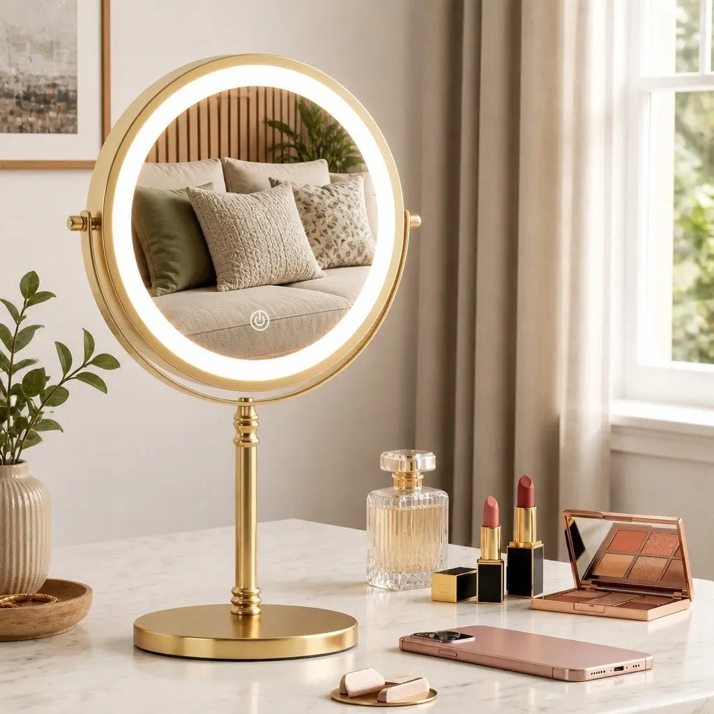 Makeup Mirror Double Sided LED 10X Magnification Gold 20cm W x 13.5cm D x 33cm H