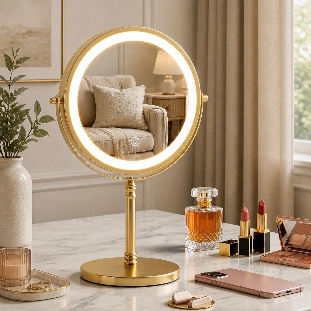 Makeup Mirror Double Sided LED 10X Magnification Gold 20cm W x 13.5cm D x 33cm H