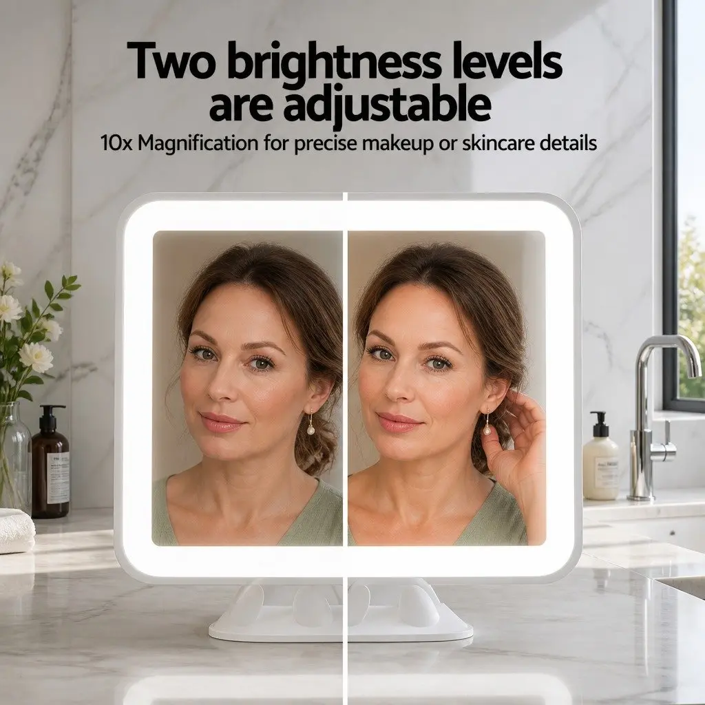 Makeup Mirror PP Plastic Glass 13cm x 13cm White 10X Magnification LED Light Touch Control 360 Rotation Suction Cup