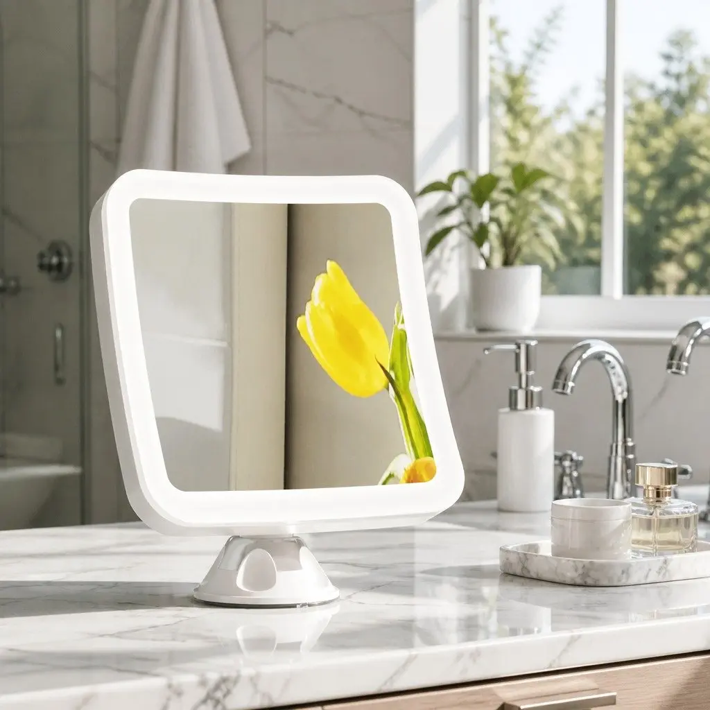 Makeup Mirror PP Plastic Glass 13cm x 13cm White 10X Magnification LED Light Touch Control 360 Rotation Suction Cup