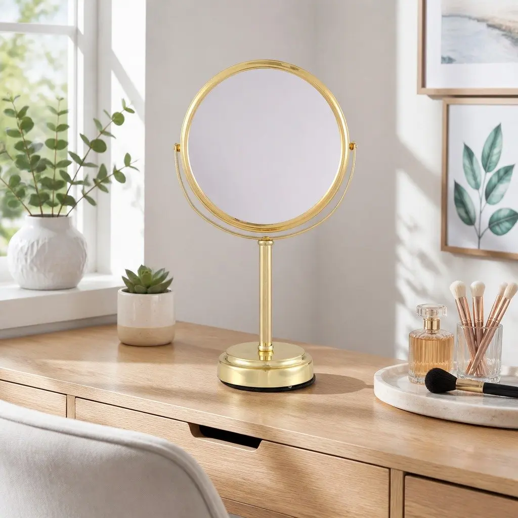 Makeup Mirror Metal Glass 20x20cm Gold 1X 5X Magnification 360 Rotation Tabletop