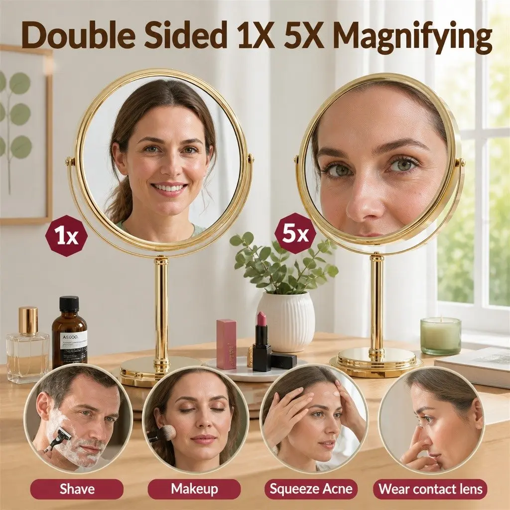 Makeup Mirror Metal Glass 20x20cm Gold 1X 5X Magnification 360 Rotation Tabletop