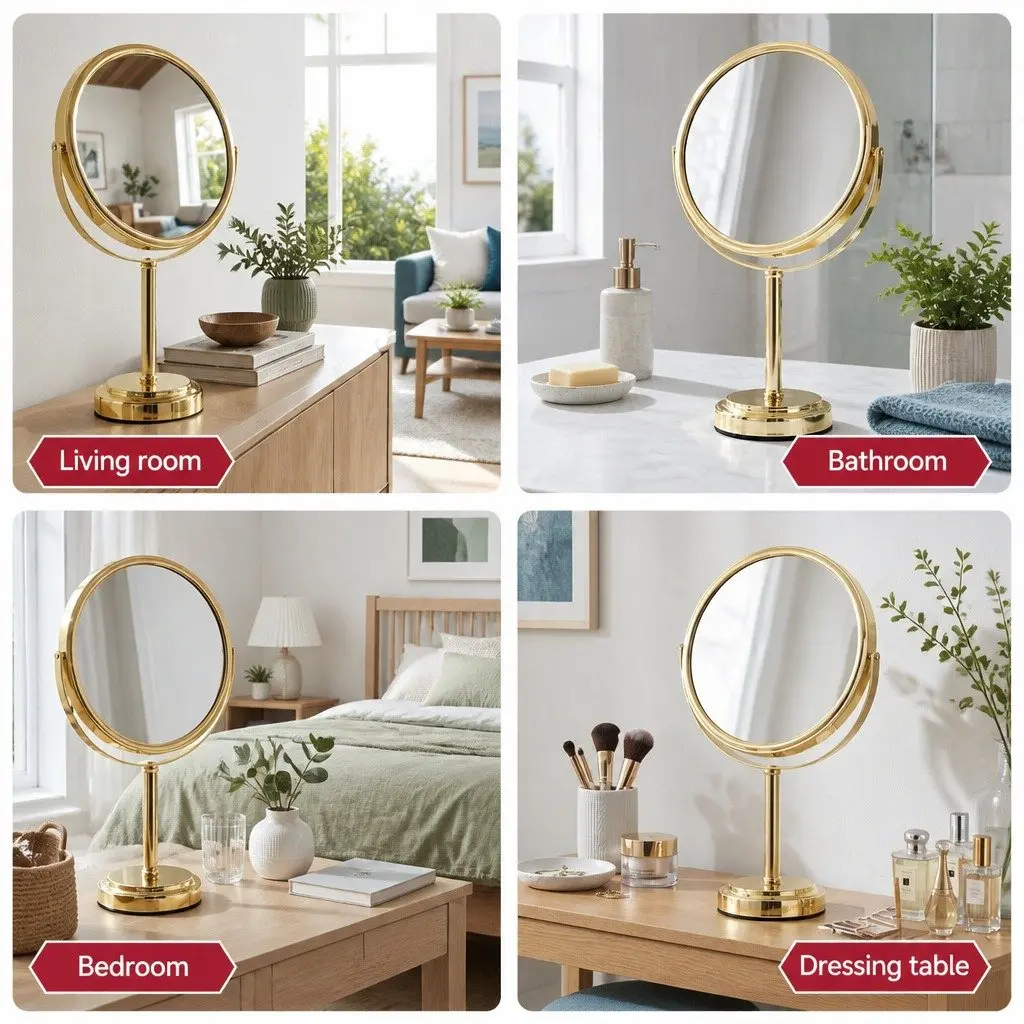 Makeup Mirror Metal Glass 20x20cm Gold 1X 5X Magnification 360 Rotation Tabletop