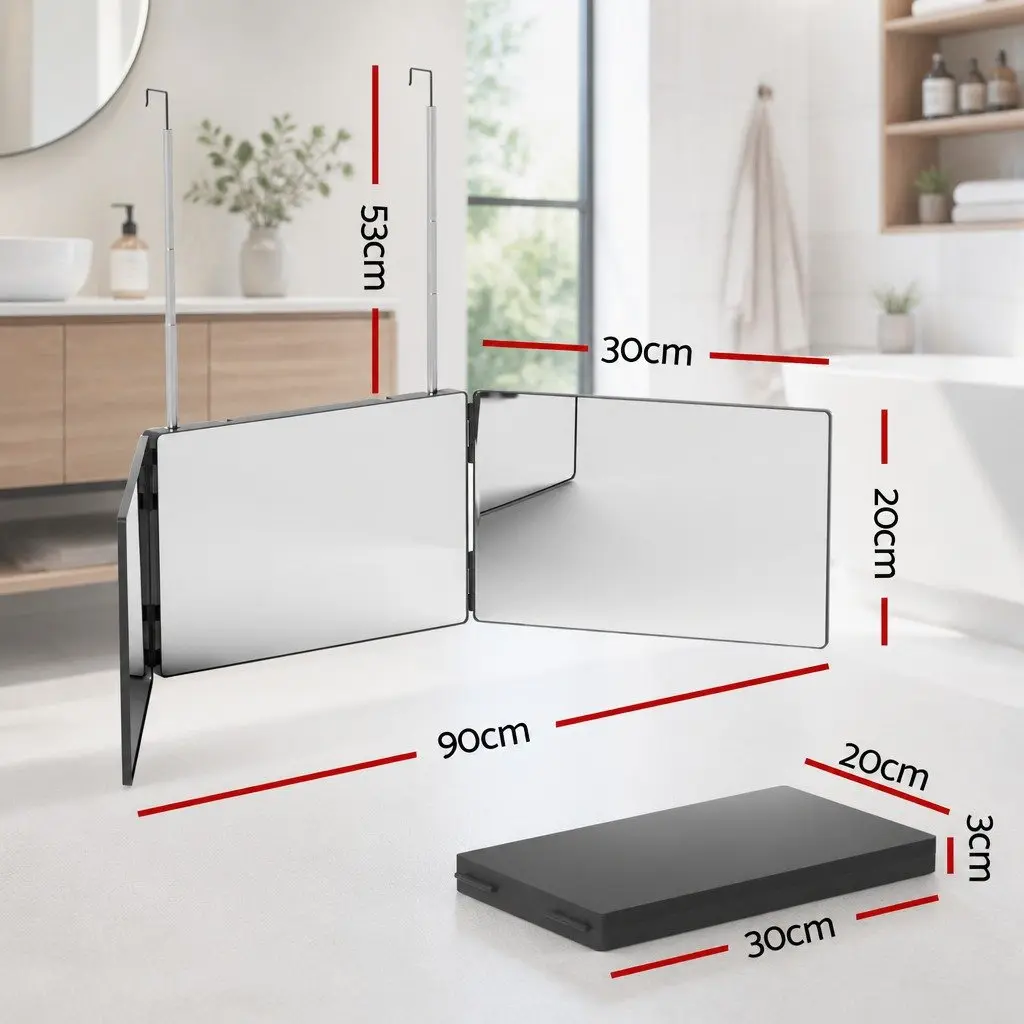 Three Way Makeup Mirror Glass 30cm x 20cm Black Portable Foldable