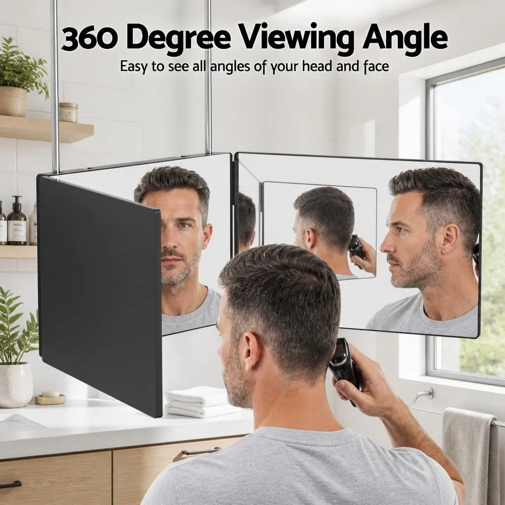 Three Way Makeup Mirror Glass 30cm x 20cm Black Portable Foldable
