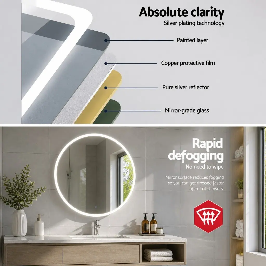 LED Makeup Mirror Round 80cm Anti-Fog Waterproof Transparent Wall Mounted