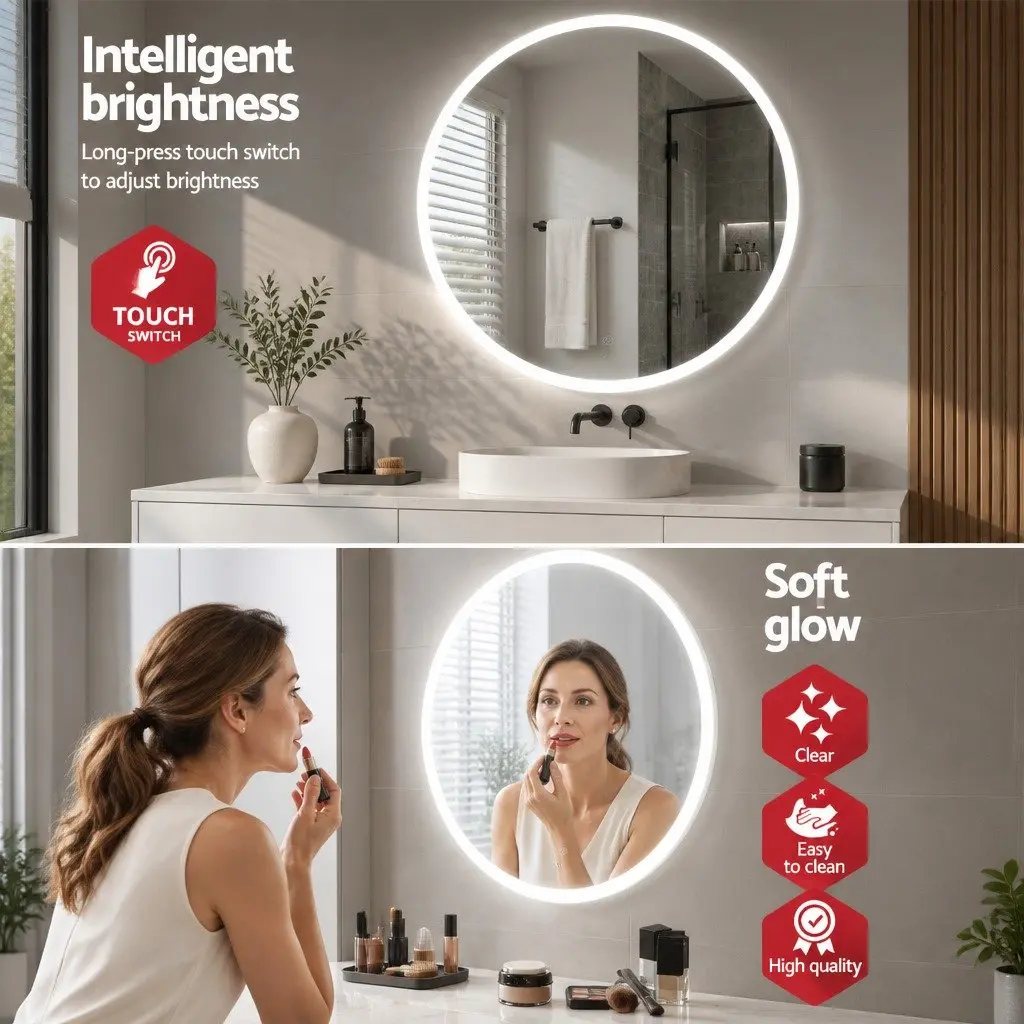 LED Makeup Mirror Round 80cm Anti-Fog Waterproof Transparent Wall Mounted
