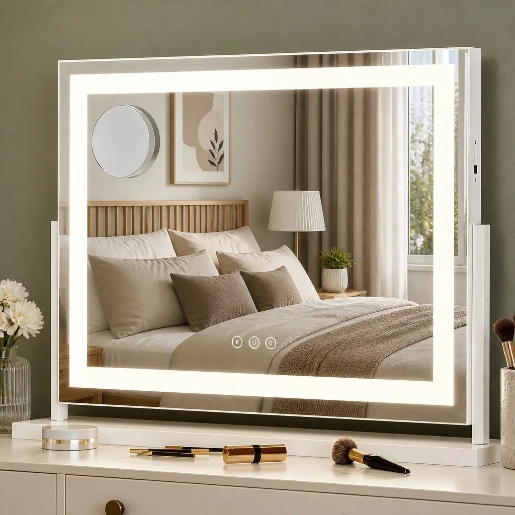 Makeup Mirror Metal MDF 58x46cm White 360 Rotatable with LED Light Strip Adjustable