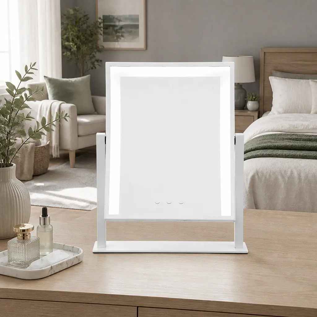 Makeup Mirror LED Light Touch Control 25x30cm White Frameless Standing Rotation