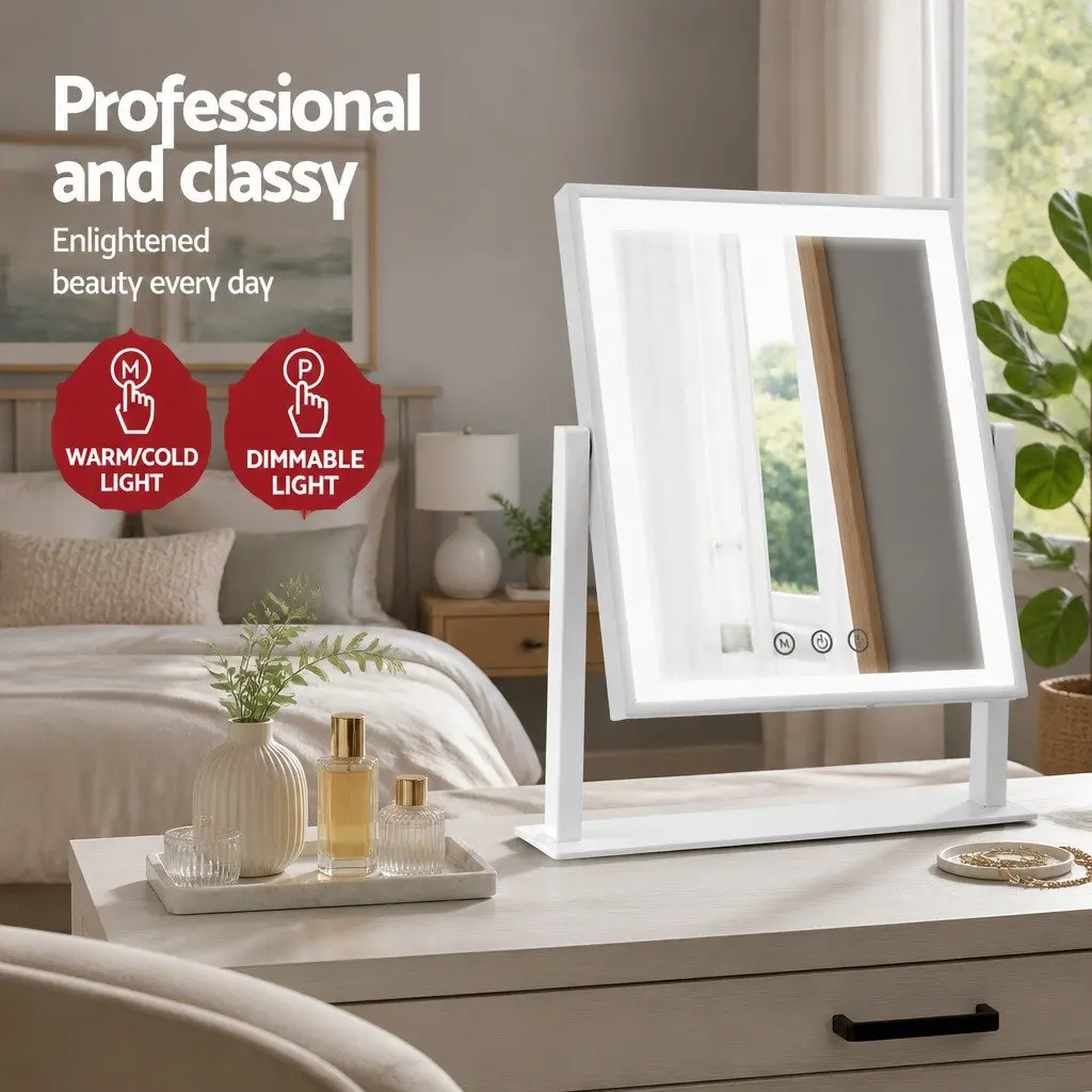 Makeup Mirror LED Light Touch Control 25x30cm White Frameless Standing Rotation