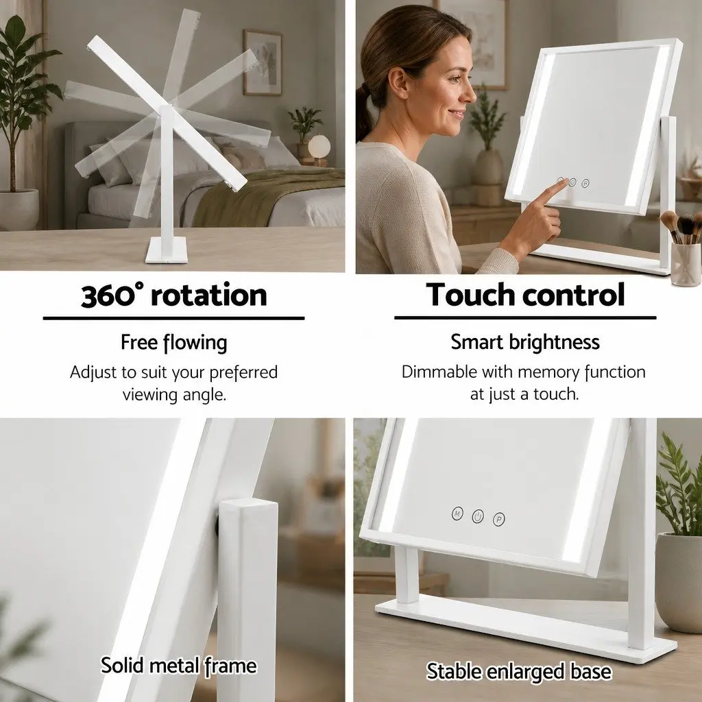Makeup Mirror LED Light Touch Control 25x30cm White Frameless Standing Rotation