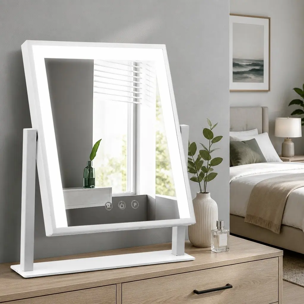 Makeup Mirror LED Light Touch Control 25x30cm White Frameless Standing Rotation