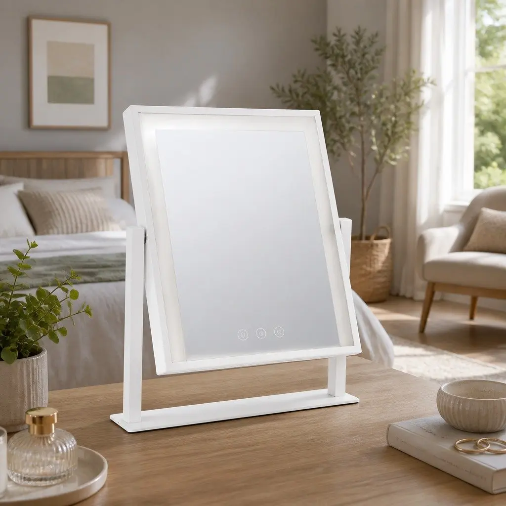 Makeup Mirror LED Light Touch Control 25x30cm White Frameless Standing Rotation