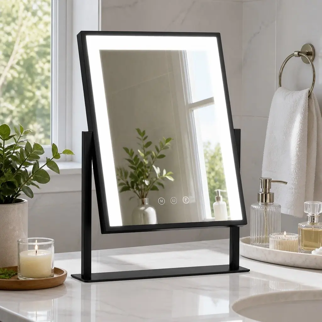 Makeup Mirror Metal 30x40cm Black LED Light Touch Control Rotation