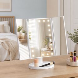 LED Makeup Mirror Tri-fold Magnifying 1X 2X 3X Touch Light Travel Portable White