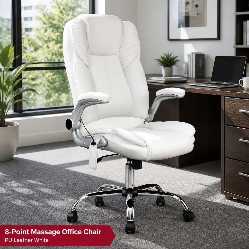 8 Point Massage Office Chair High Back Vibration White PU Leather Work Seat